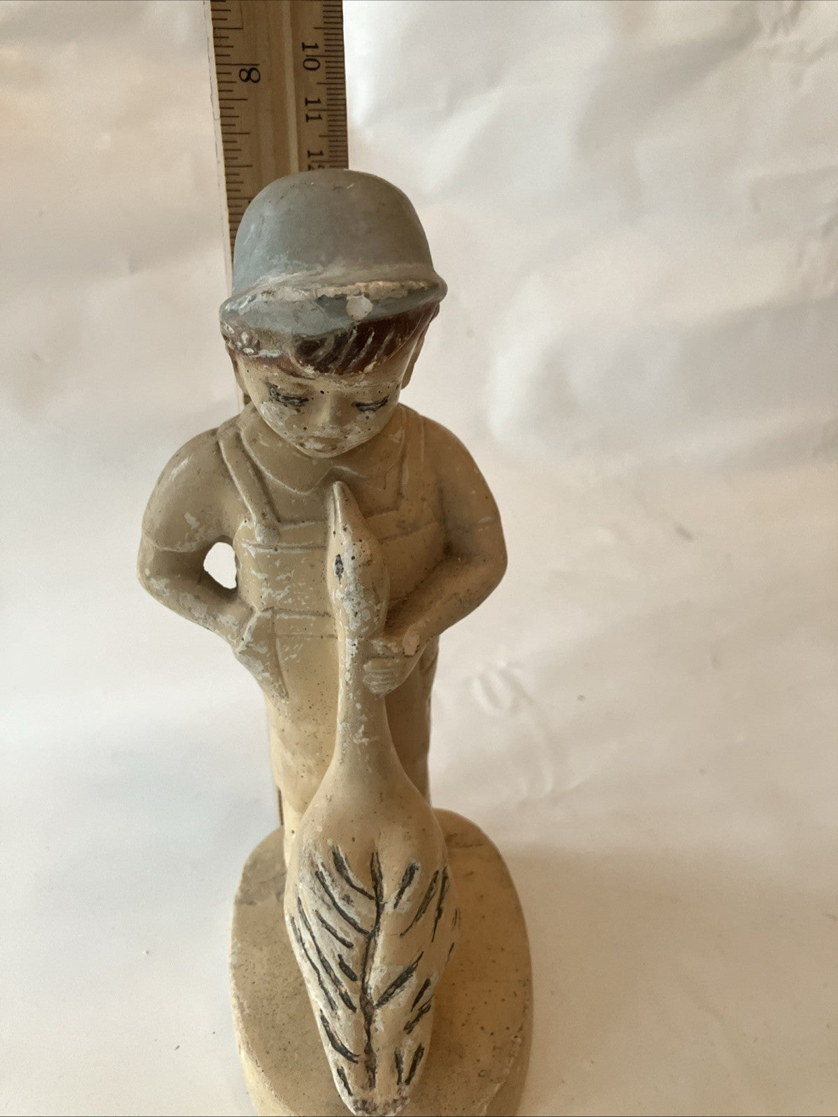 Vintage Chalk Ware Plaster Boy & A Goose Figurine, 7” Tall