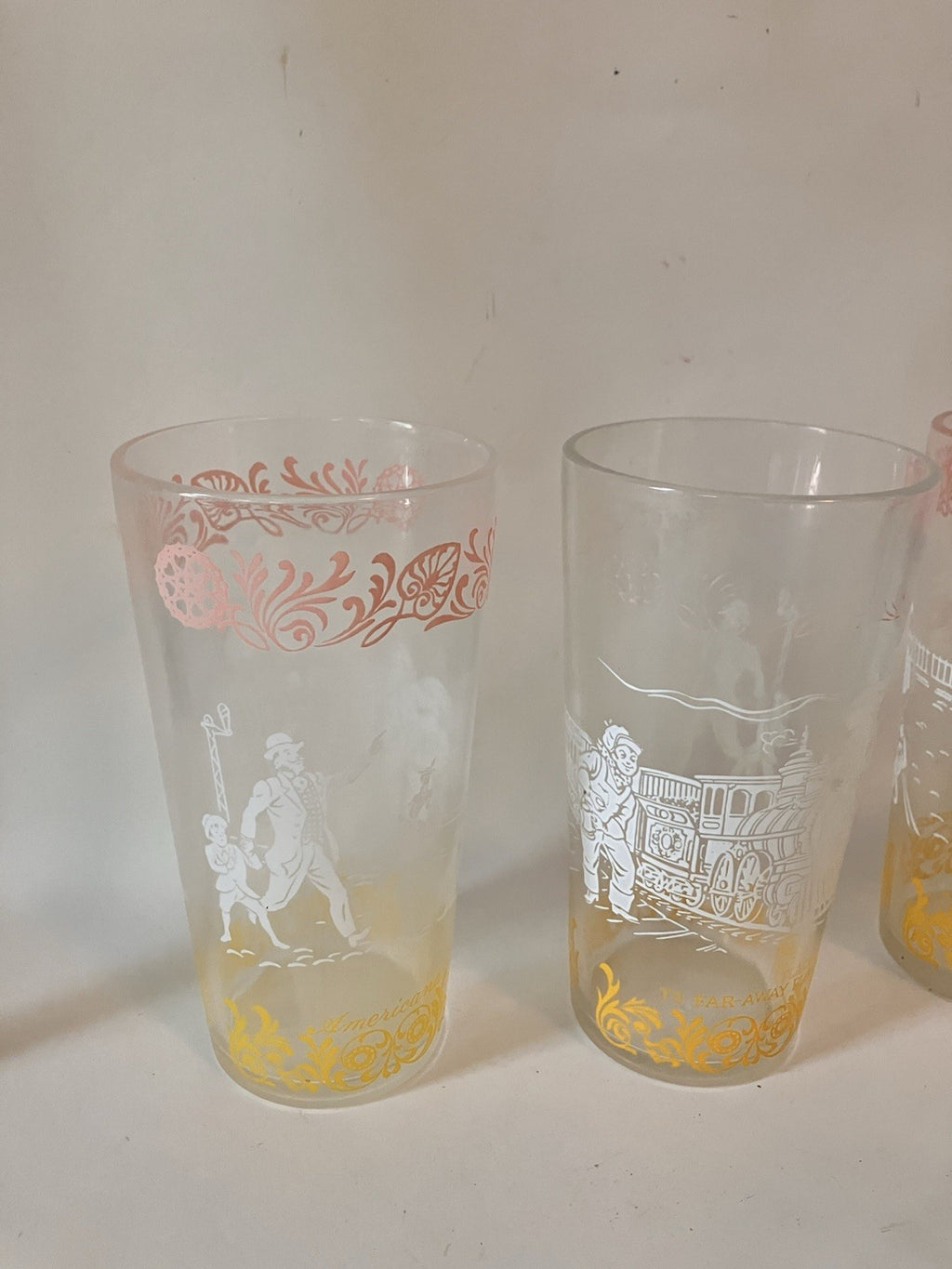 Vintage/MCM  Hazel Atlas Americana Glasses White, Pink And Yellow, Set Of 5