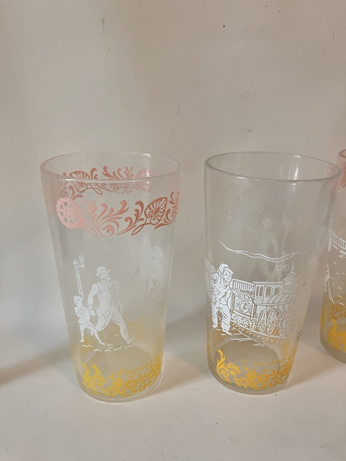 Vintage/MCM  Hazel Atlas Americana Glasses White, Pink And Yellow, Set Of 5