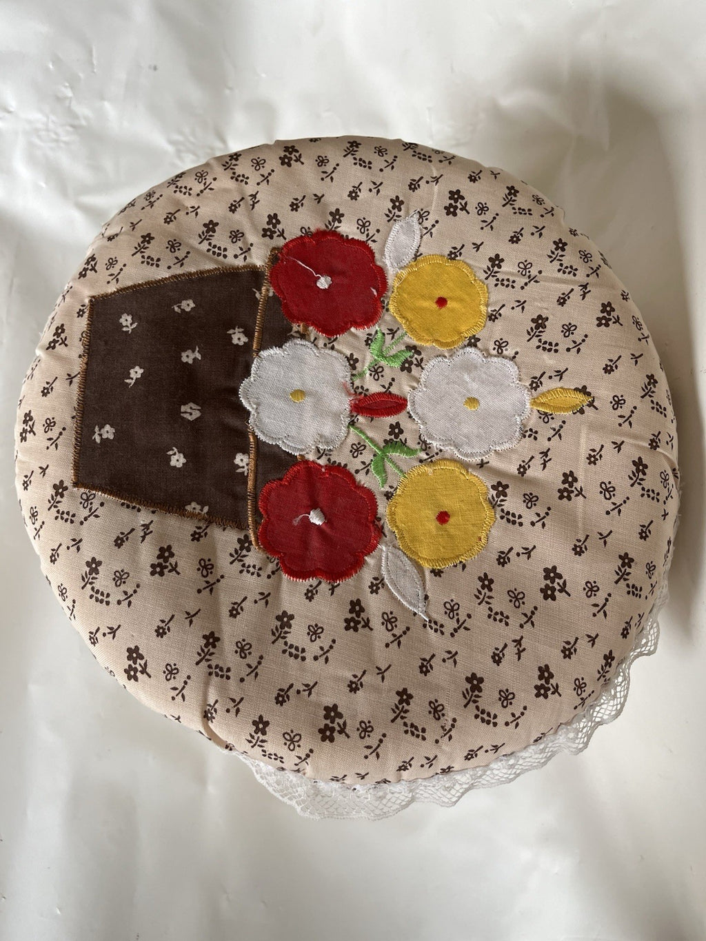 Vintage Handmade Sewing Basket With Embroidered Pad-Top Cover