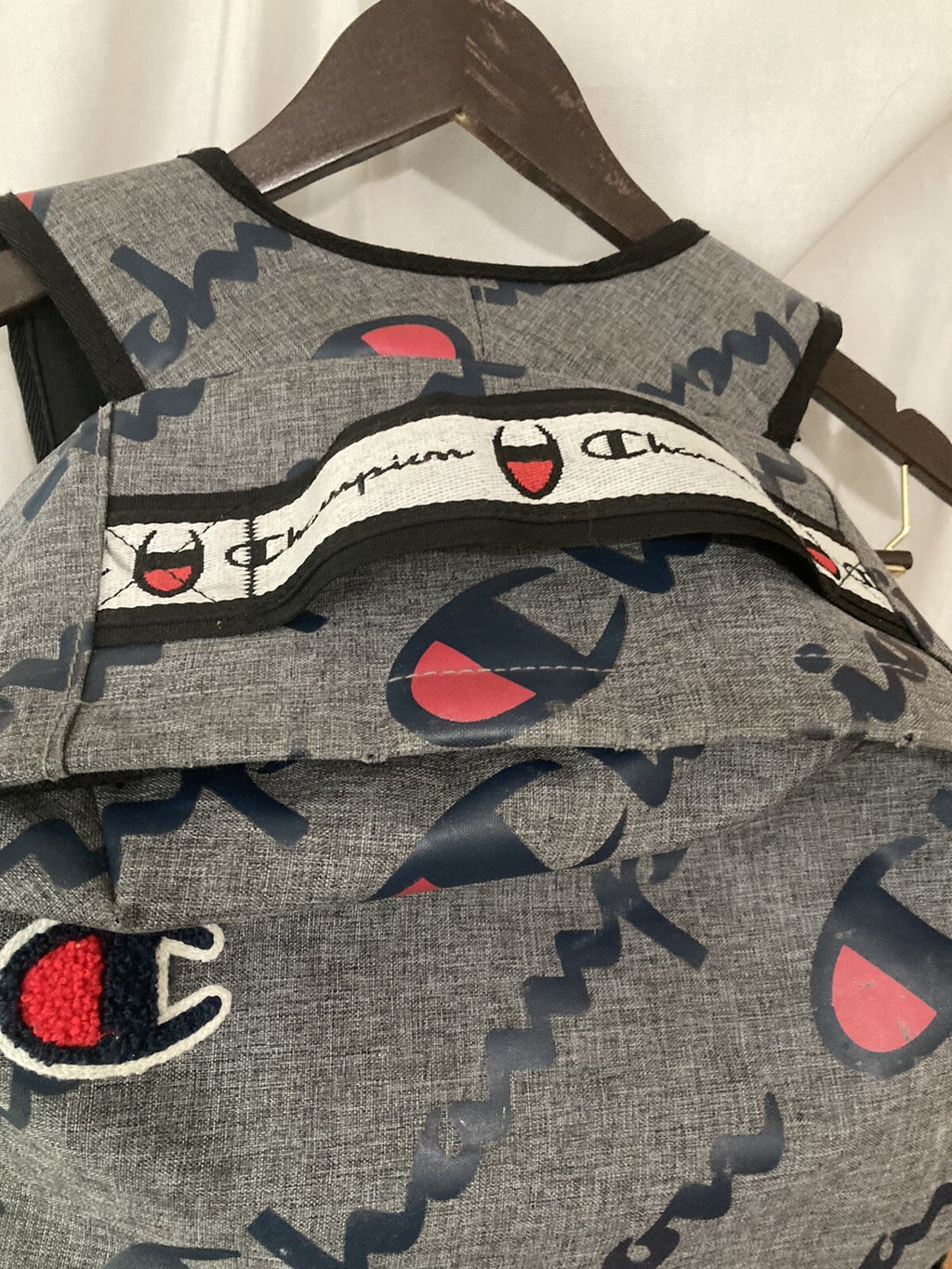 Unisex Champion Grey Back Pack with Navy/Red Logo.