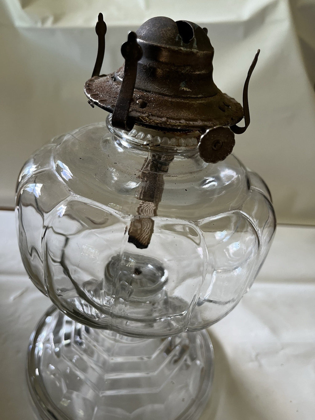 Antique 16” Clear Glass Kerosene Oil Lamp Complete W/ Flute, Metal Skirt, Base