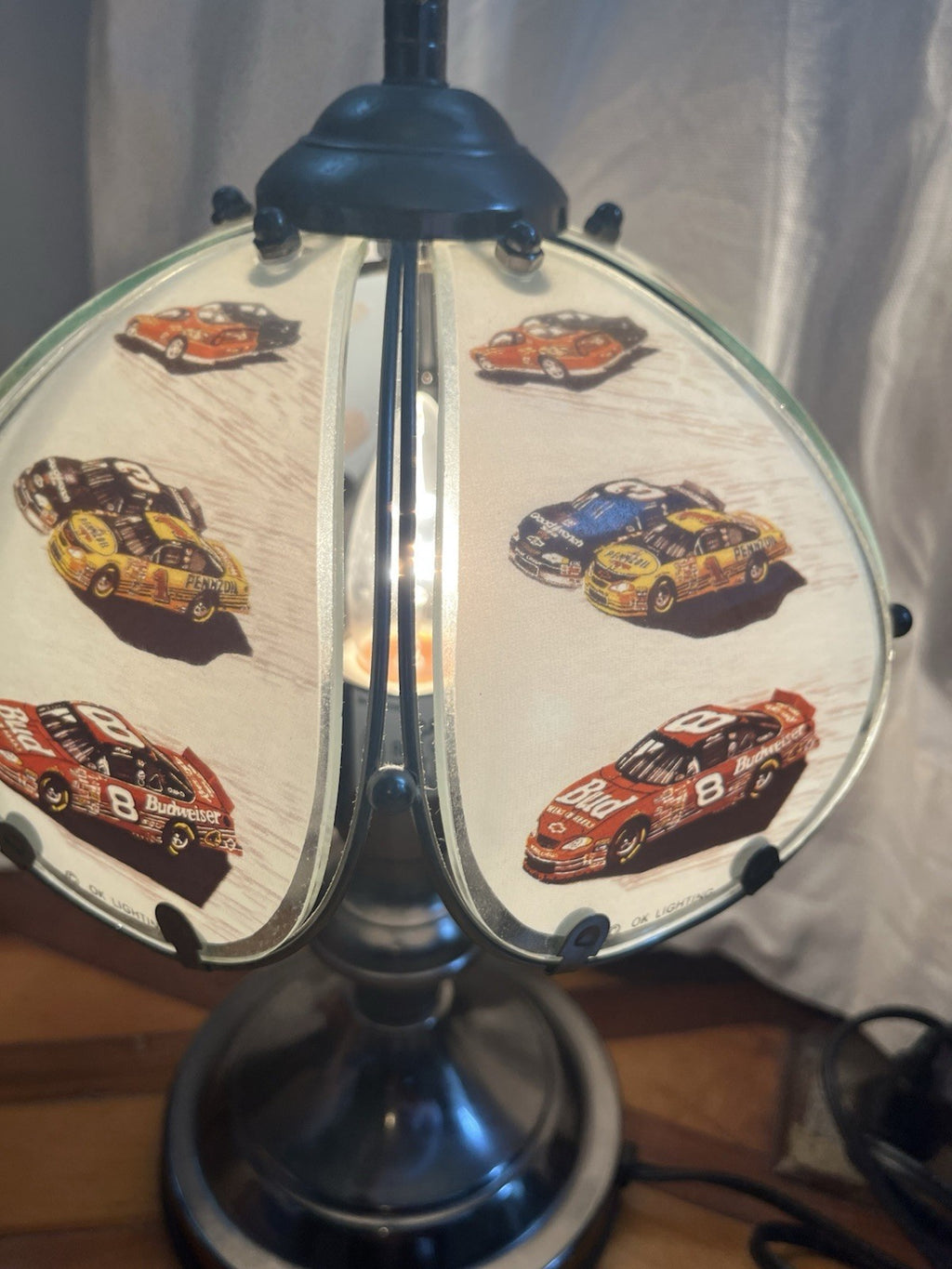 Vtg OK Lighting NASCAR Tiffany Style Touch Lamp; Earnhardt Sr, Jr Others. Works!