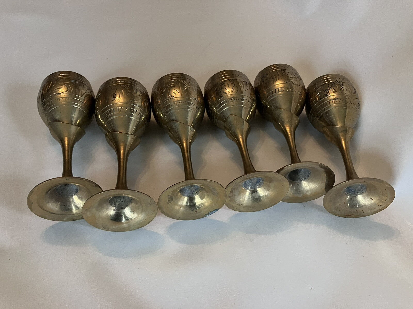 Vintage S/4 Solid Brass Goblets Tulip Stem, Etched Design