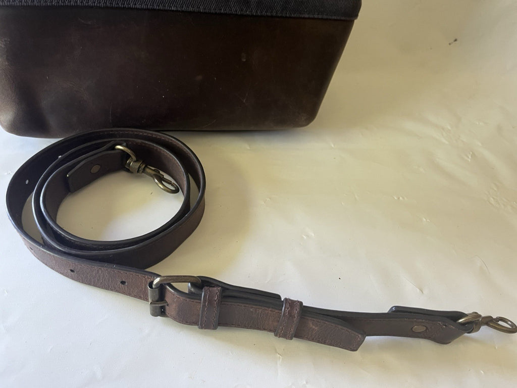 LL Bean Waxed Canvas Crossbody Bag Navy Blue and Brown Leather Logo Liner Medium