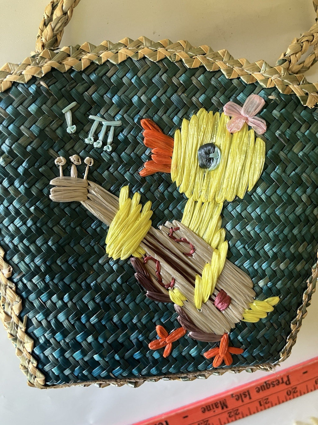 Vtg. 1960’s Woven Straw Raffia Child’s Easter Basket Duck Play Guitar Vinyl Int.
