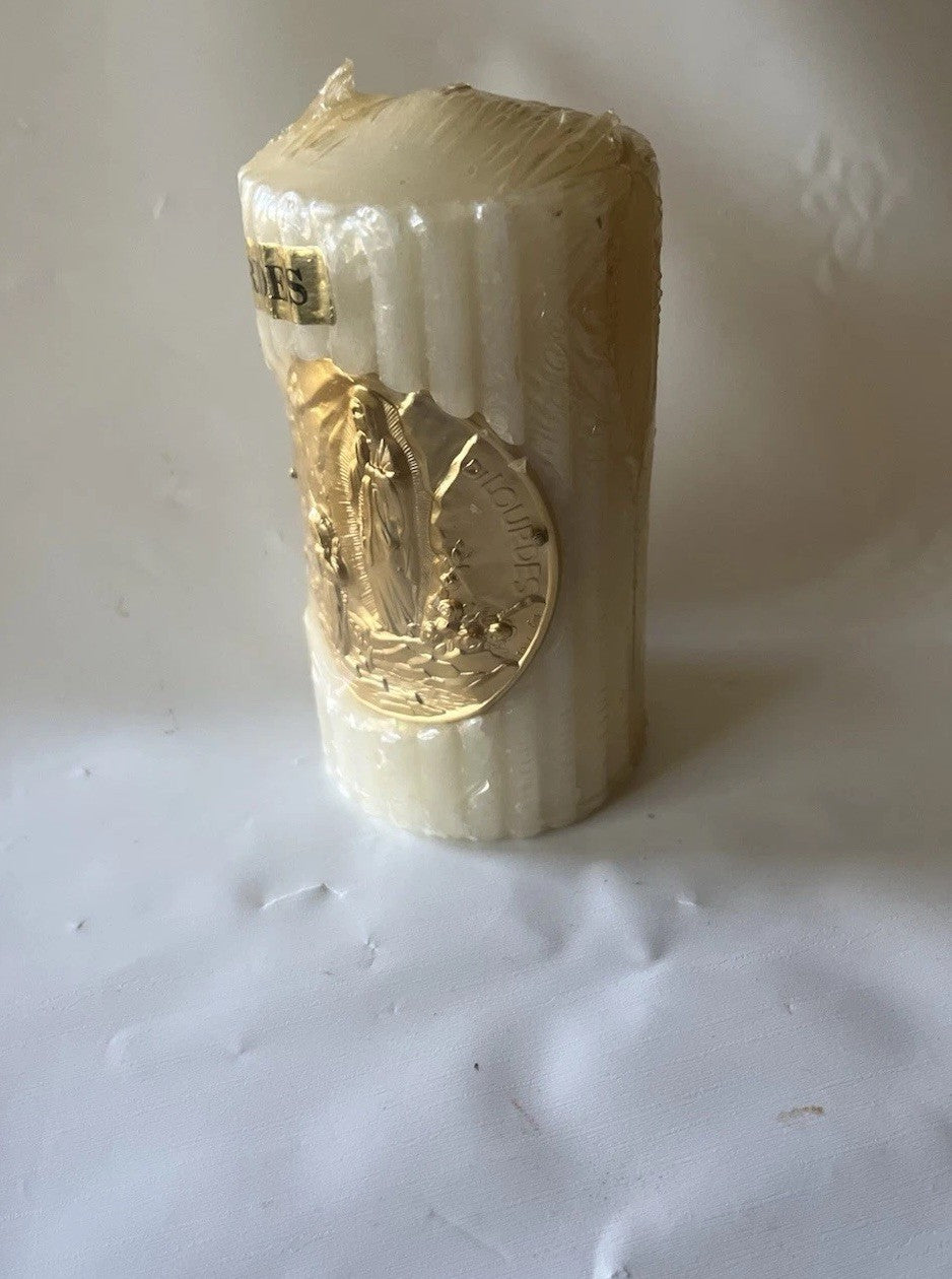 Vintage Lady Of Lourdes, Mother Mary Pillar Candle NOS Made In France 4” Tall