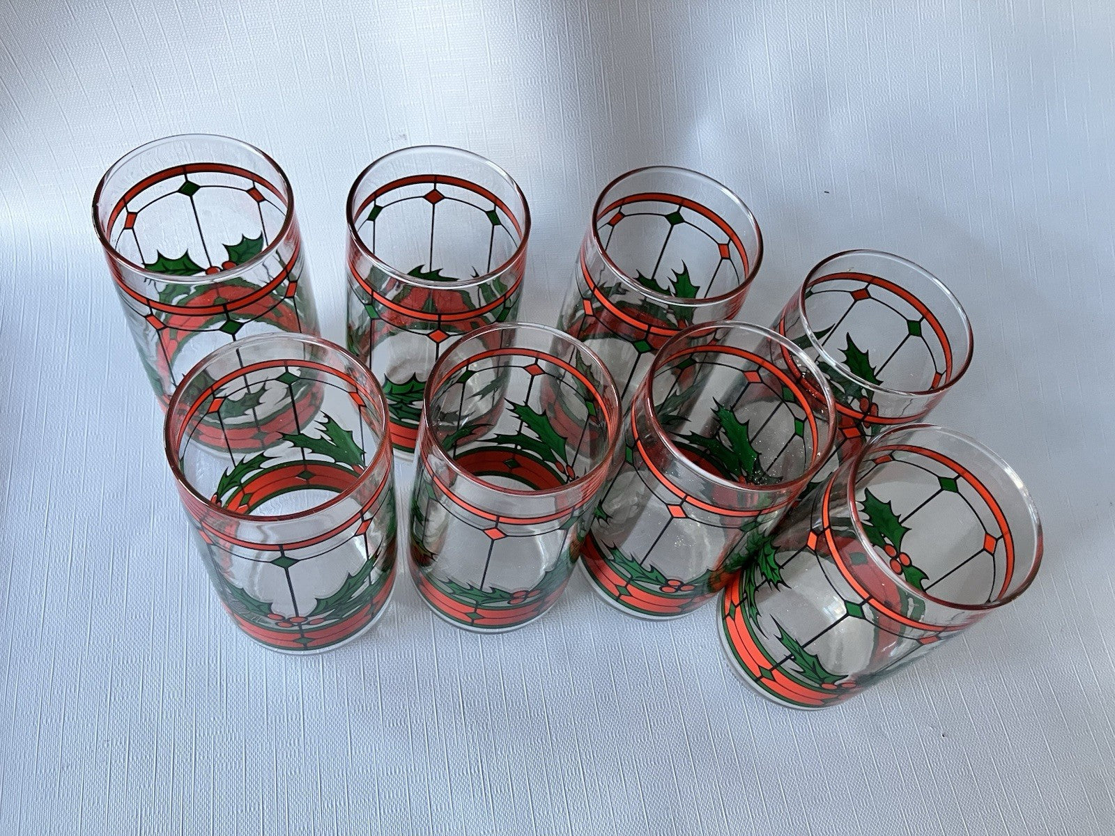 Vintage Anchor Hocking Holly Diamond Christmas Glasses Set Of 8. EVC