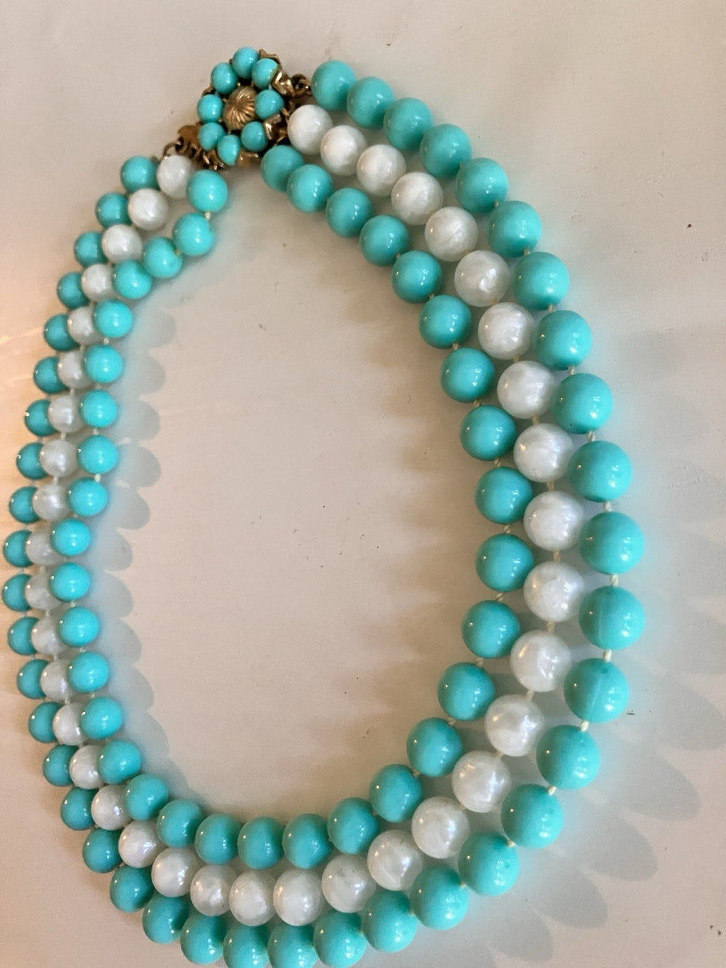 Vintage Blue & White Triple Stranded Faux Pearl Necklace W/ Gold Tone Clasp