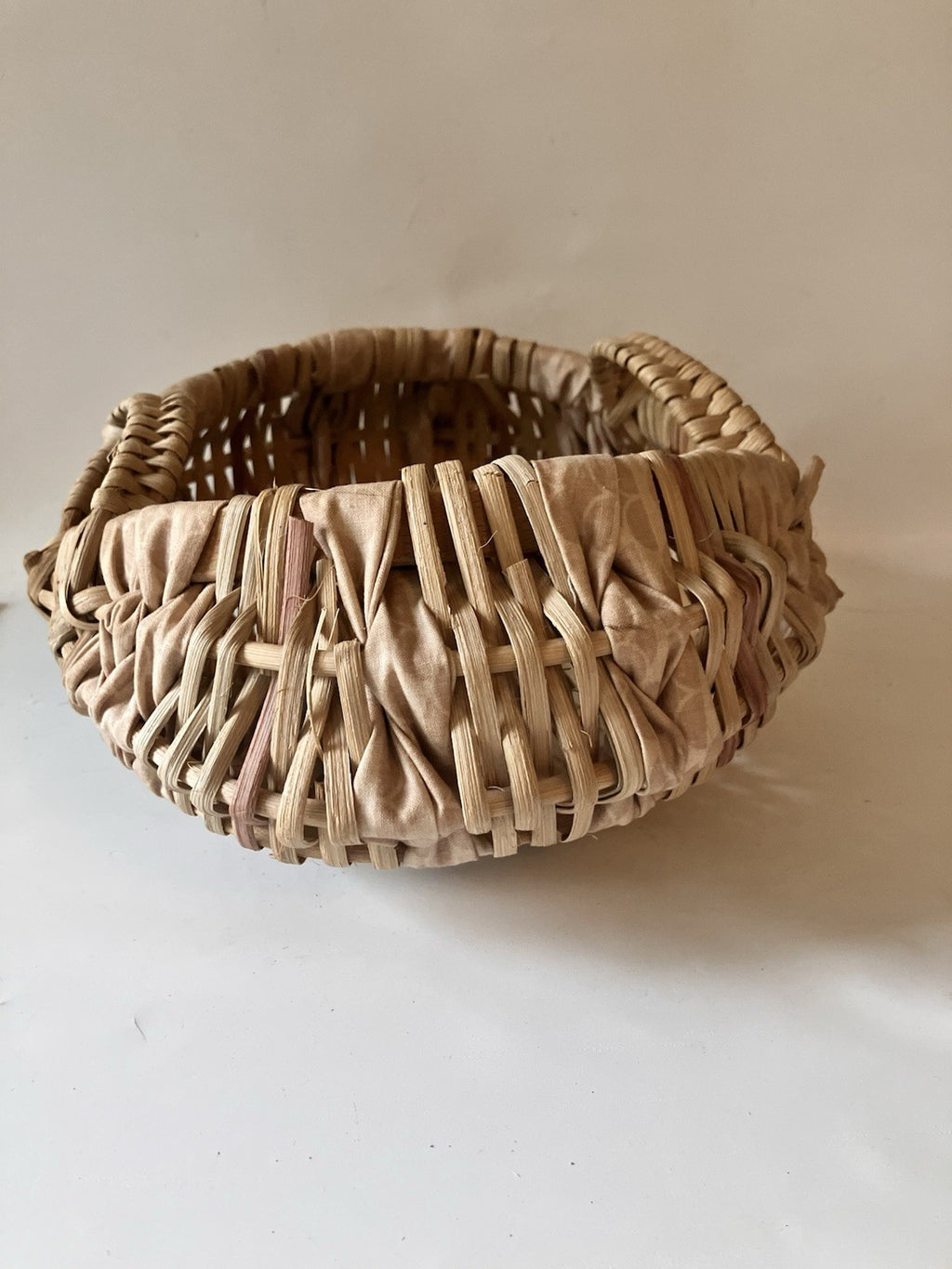 Vintage Buttocks Basket With Double Handles Woven With Fabric, Natural Material