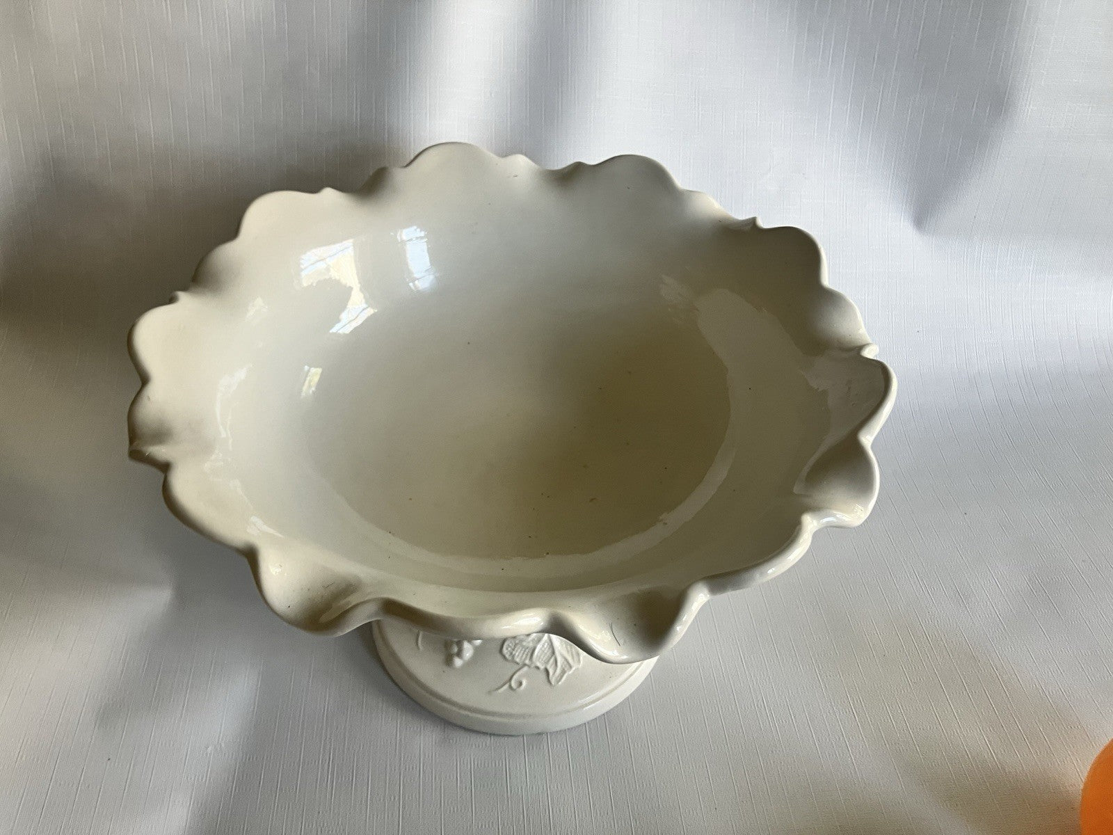 Vintage 1969 White Ceramic Harvest Emodied Pedestal Fruit bowl