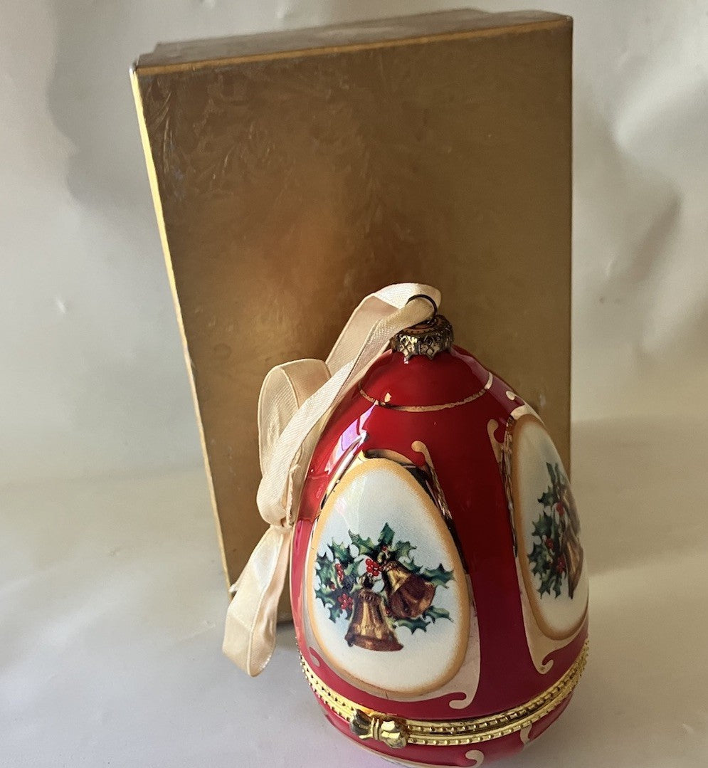 Vintage Christmas Musical Egg Ornament Red With Christmas Design; In Box