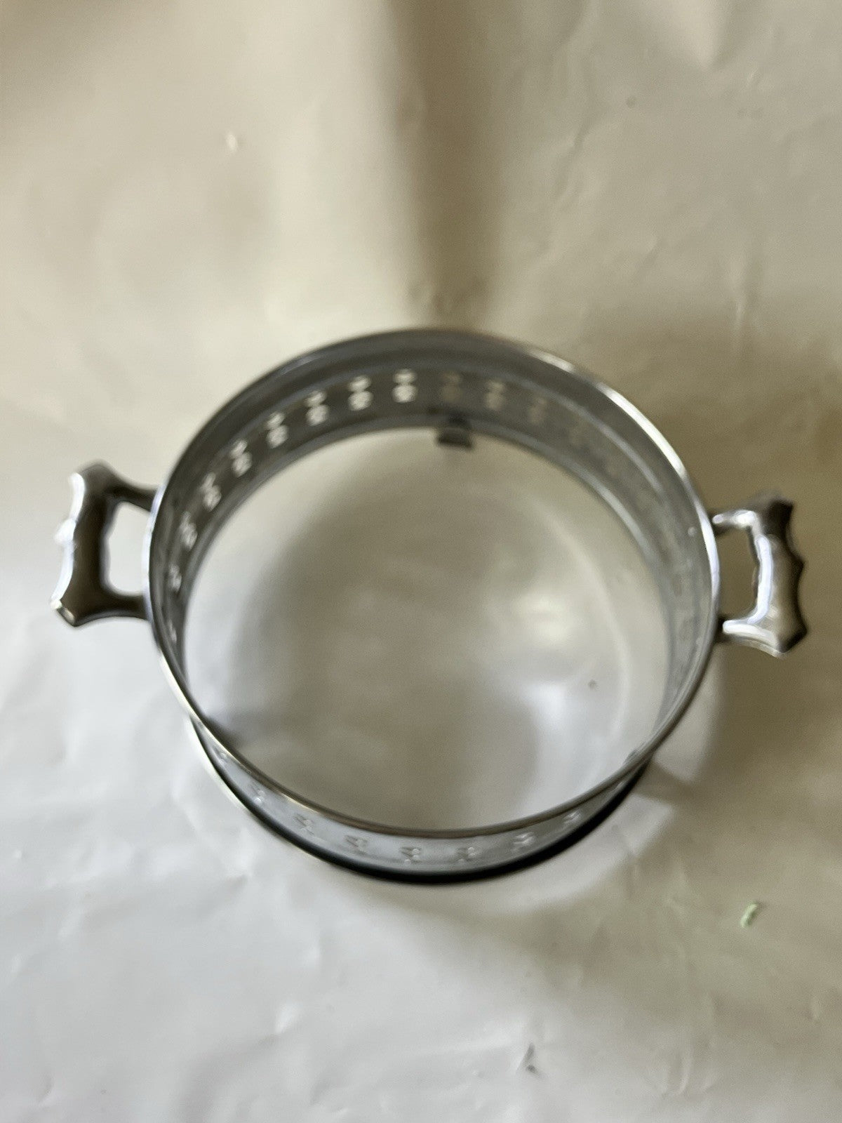 Vintage Hammered Ornate Metal Casserole 8” Round Stand/Carrier Floral Details