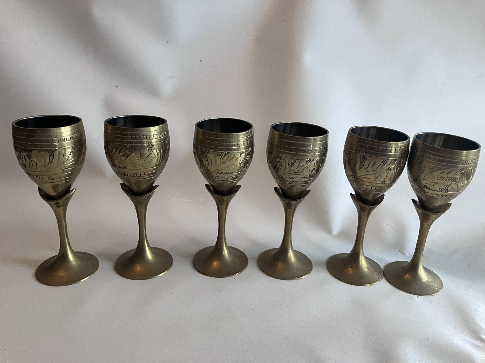 Vintage S/4 Solid Brass Goblets Tulip Stem, Etched Design