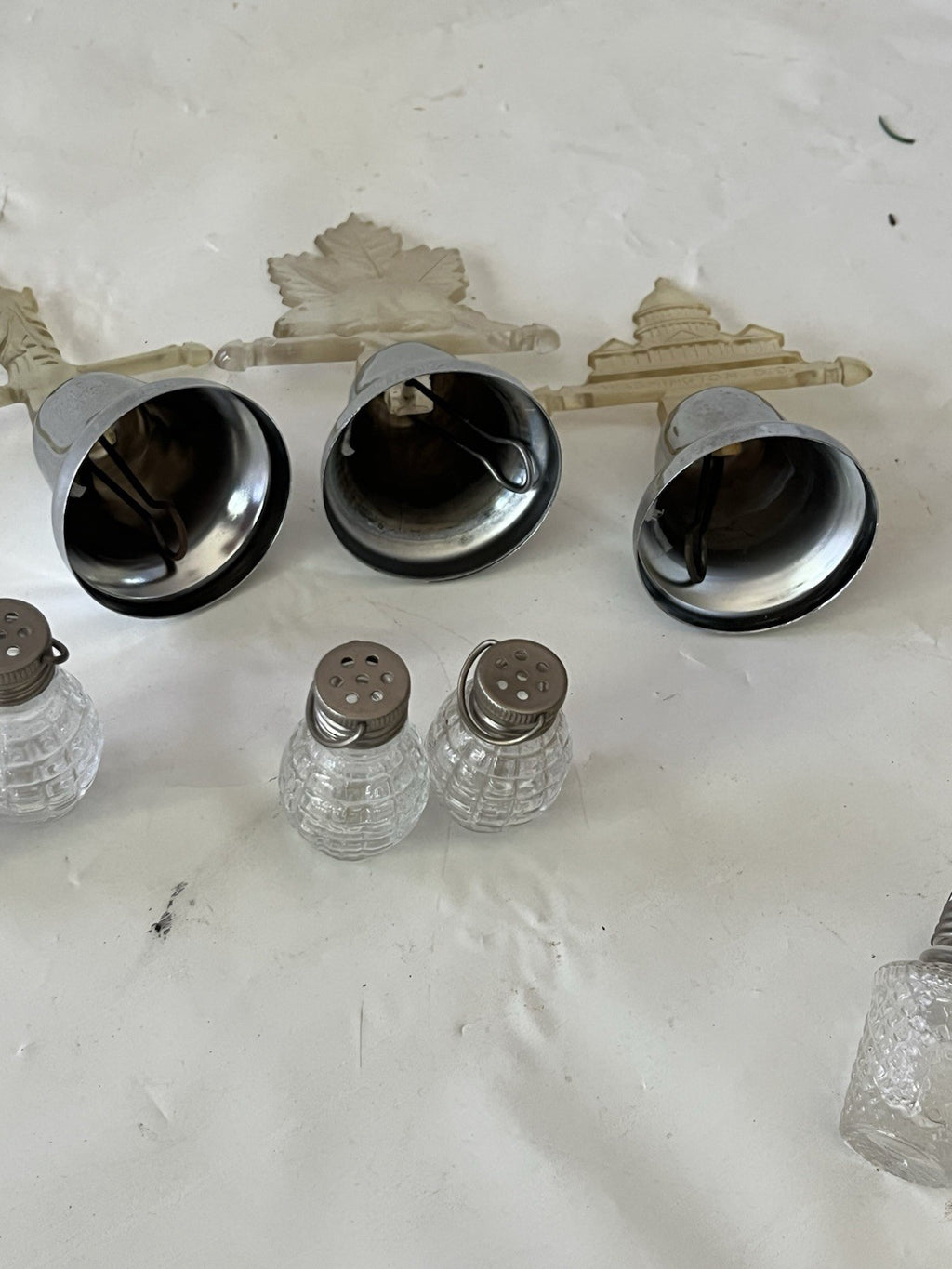Vintage Silver Toned/Clear Lucite Souvenir Salt/Pepper Shakers W/ Bell Stand (3)
