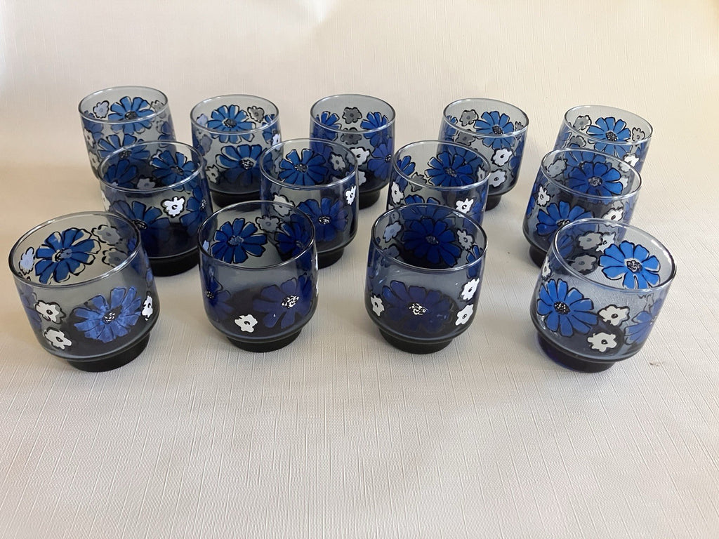 Set of 13 Vintage Libbey Camellia Blue Floral 8oz Juice Glasses EUC