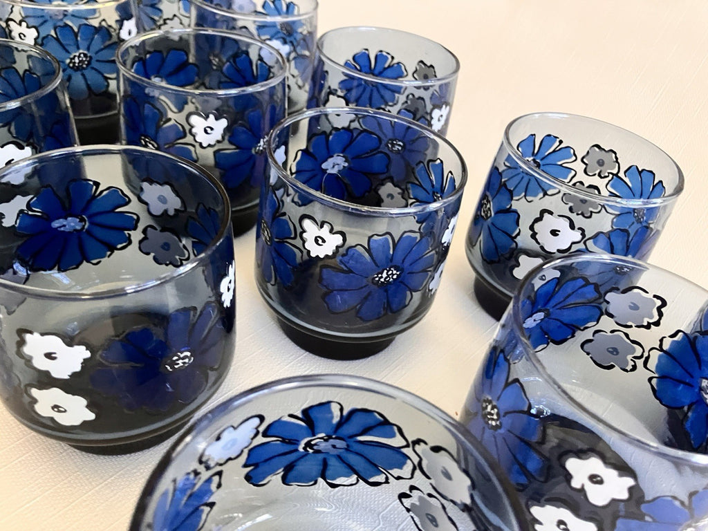 Set of 13 Vintage Libbey Camellia Blue Floral 8oz Juice Glasses EUC