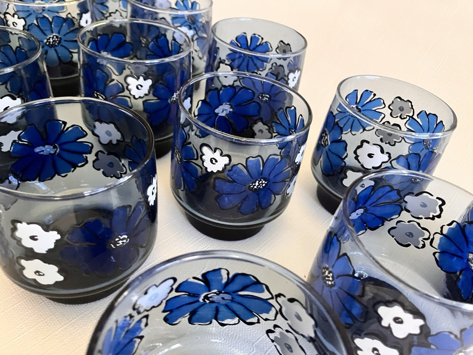 Set of 13 Vintage Libbey Camellia Blue Floral 8oz Juice Glasses EUC