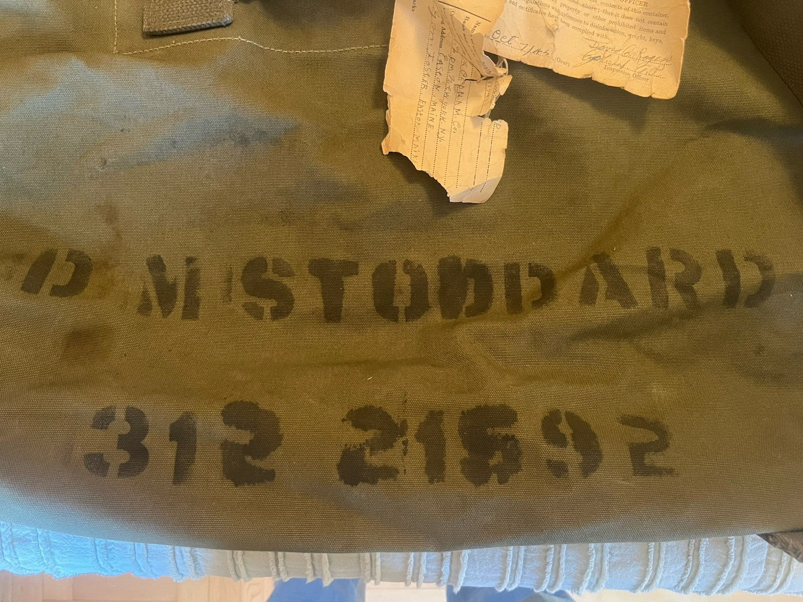 Named WW2 Duffle Bag w/ Import Tags Dated 1945