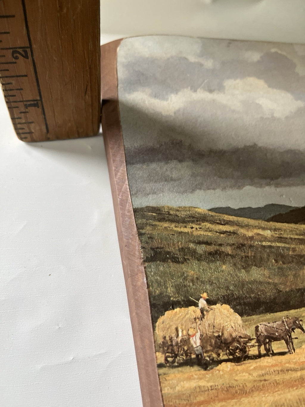 Vintage 1960/70s Wooden 9x13” Plaque Of Ethan Sloane Painting Farmland, Amish