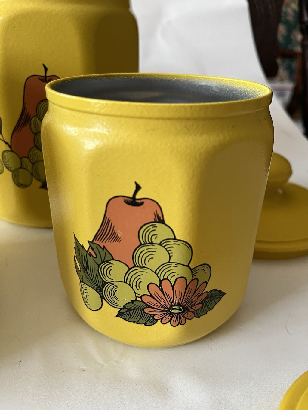 Vintage Kromex Faceted Aluminum 4 Canister Set Yellow Fruit Floral Plastic Lids