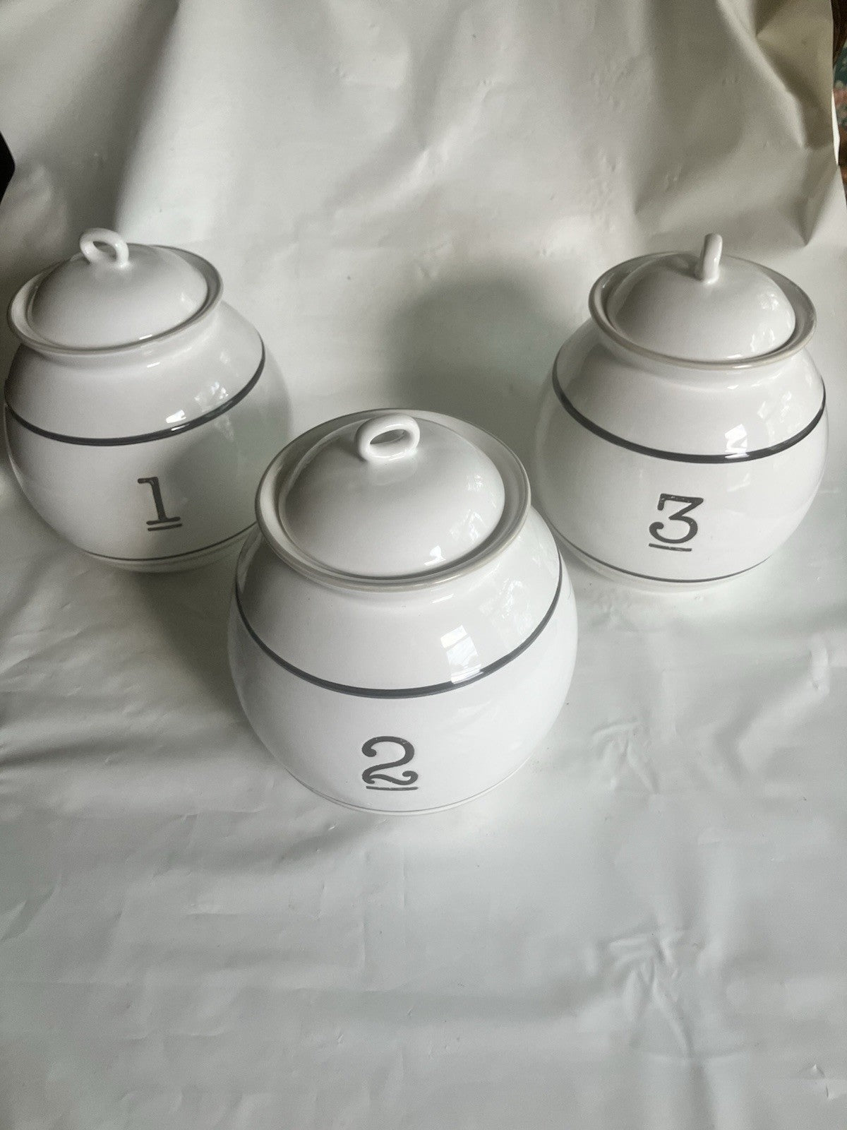 Large Ceramic Canister Set Of 3 Identical Sizes; 1, 2, 3 With Pinstripe On White