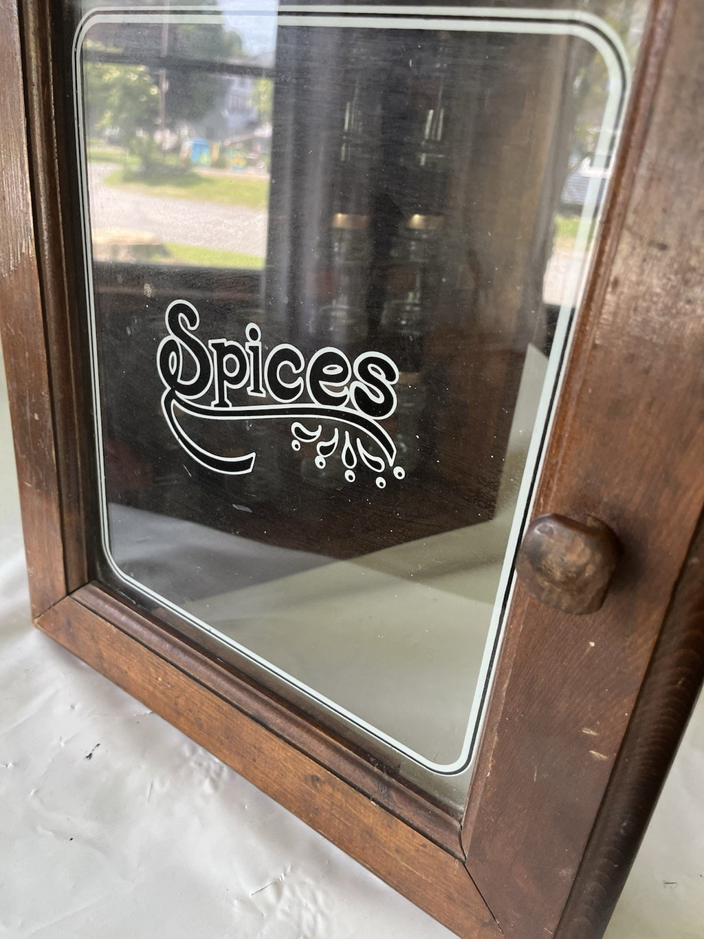 Vintage “Spices” Wooden/ Glass Door 17”x14” 12 Spice Cabinet & 11 Jars/ Stickers
