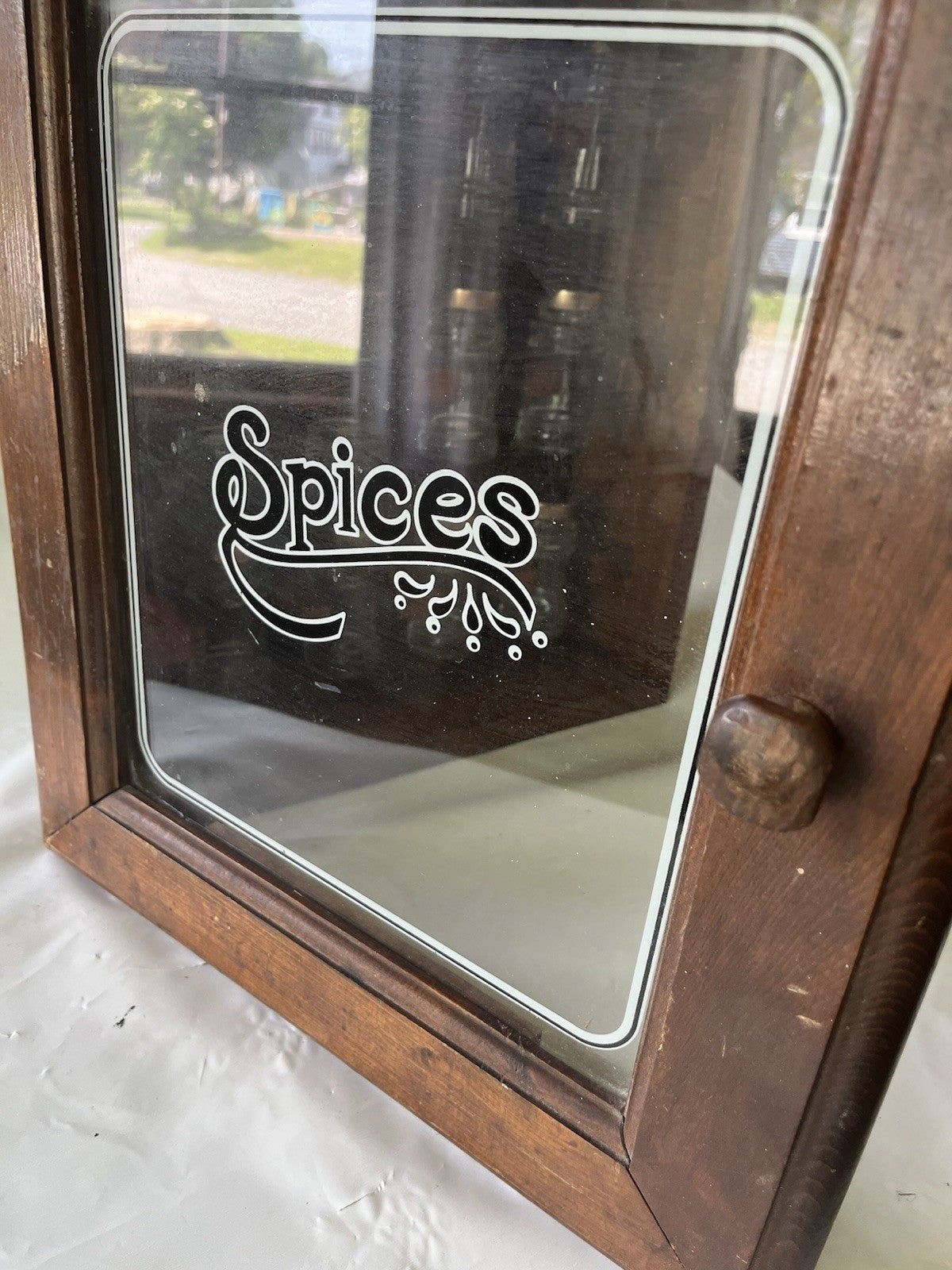 Vintage “Spices” Wooden/ Glass Door 17”x14” 12 Spice Cabinet & 11 Jars/ Stickers