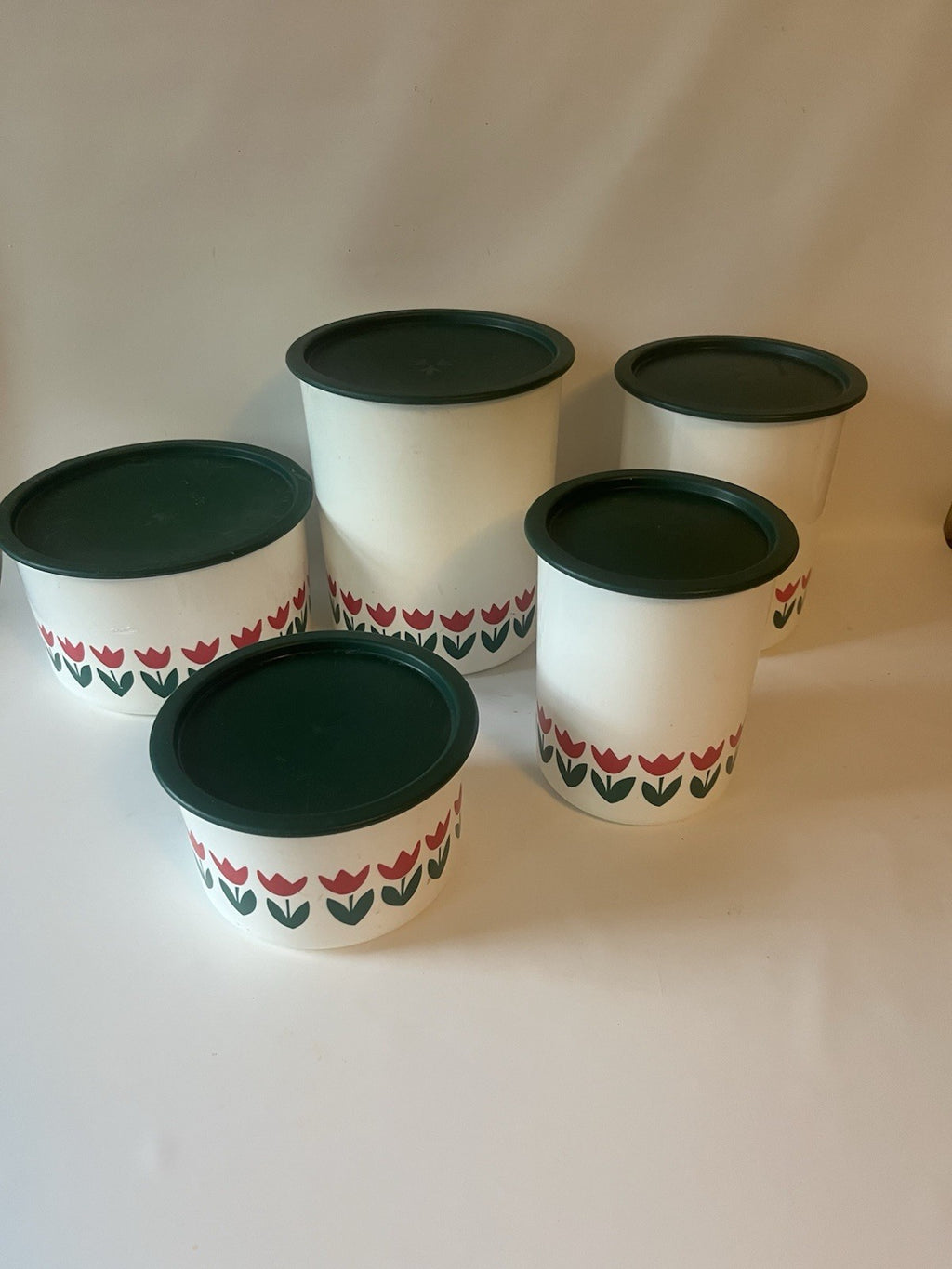 Vtg. One Touch White Tulip Tupperware Canisters with Green Lids; A-C; B/D sets