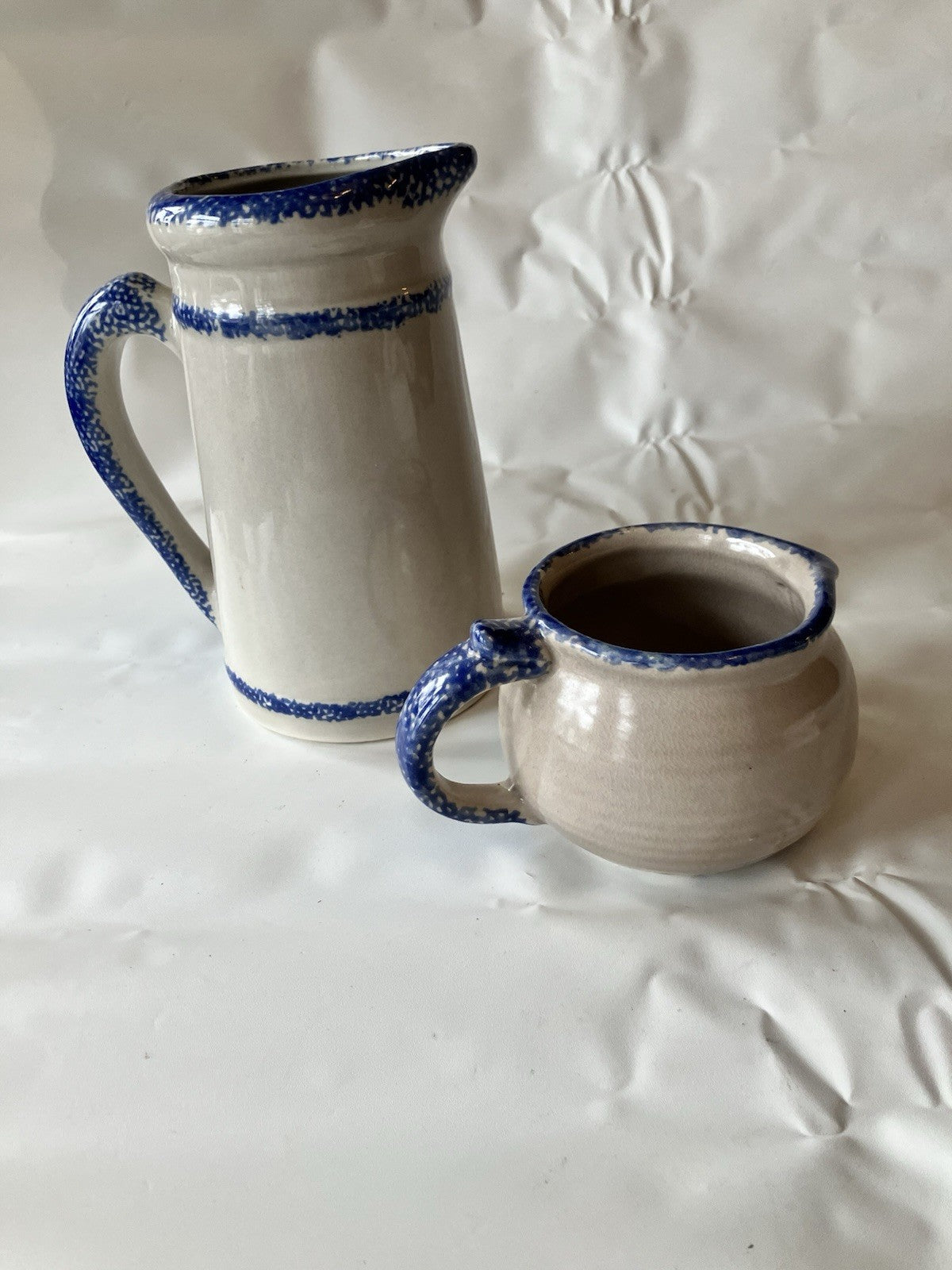 Loomco Spongeware China Glazed Ceramic Blue Creamer/pitcher  Pottery Pair