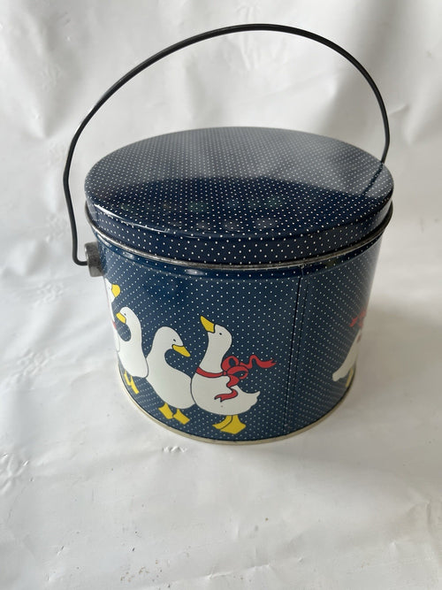 1990s Goose  Blue And White Polka Dot Tin With Lid And Handle