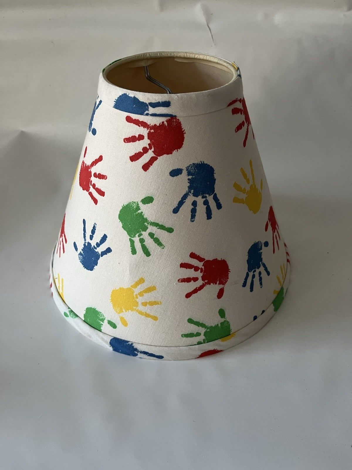 Vintage Kids Hand Print Lamp Shade; White With Green, Red, Blue Yellow Color