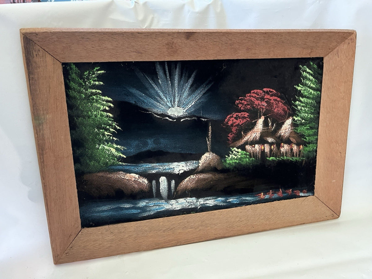 1970’s Vintage Black Velvet Painting With Homemade Wooden Frame 18x12” No. Maine