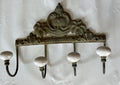 Vintage Styled Cast Iron Metal And Porcelain Wall 4 Hooks; 8”x6” Ornate Details
