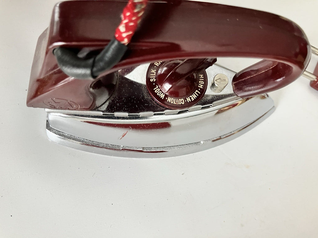 1950s German Zoeller Maroon Travel Iron W/ Original Box, Paper EVC, Never Used