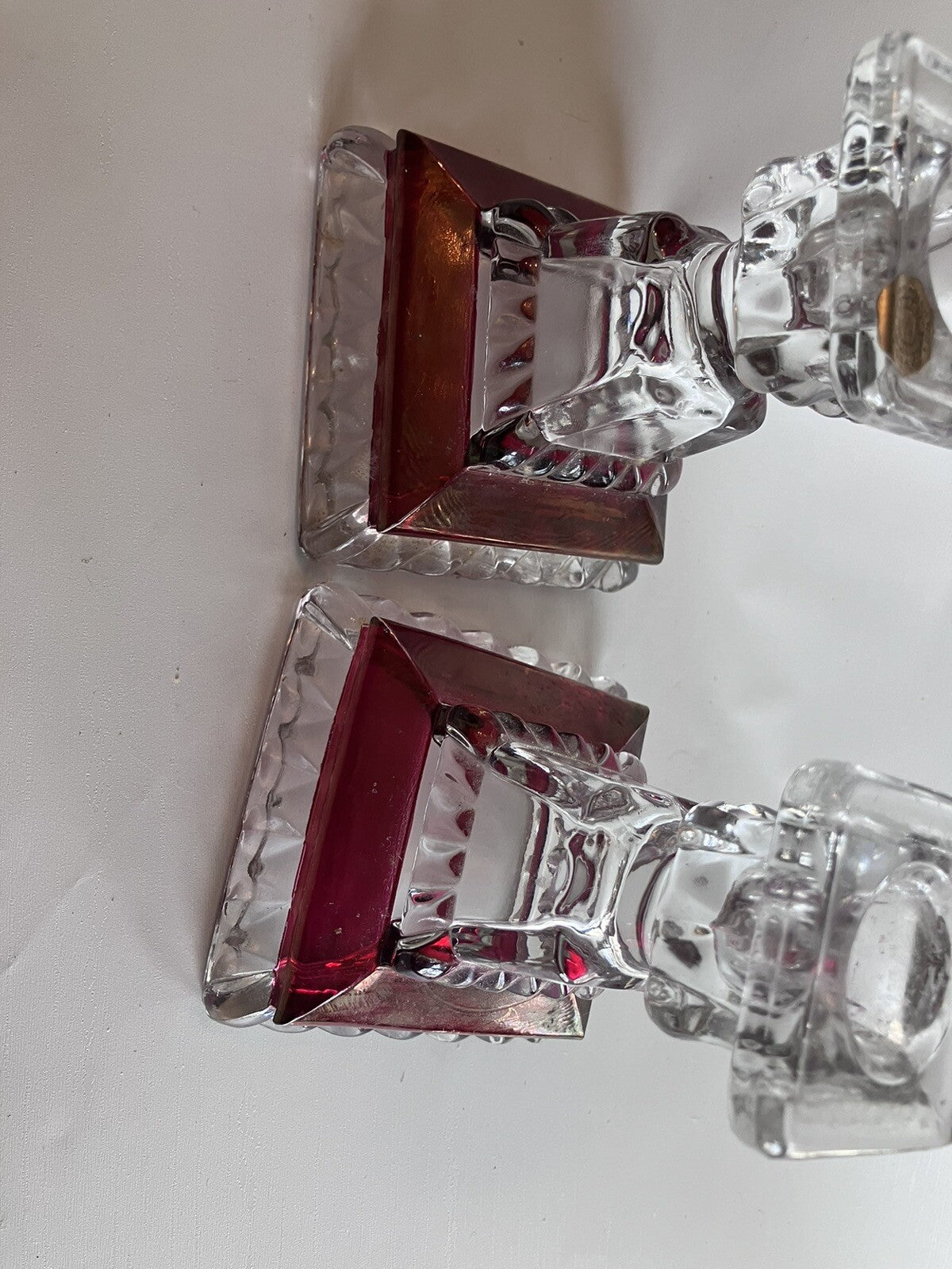 Vintage Westmoreland Wedding Pattern Ruby Flash Crystal candlesticks W/ Sticker