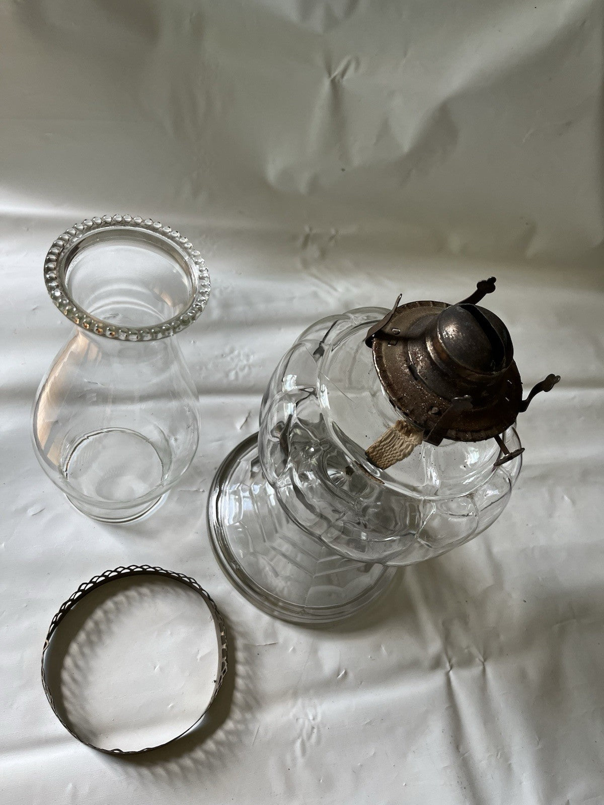 Antique 16” Clear Glass Kerosene Oil Lamp Complete W/ Flute, Metal Skirt, Base