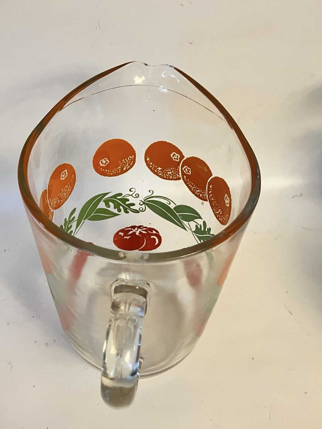 Vintage MCM Glass Juice Pitcher Fruit—Orange And Tomato From 1940-50’s. EVC.