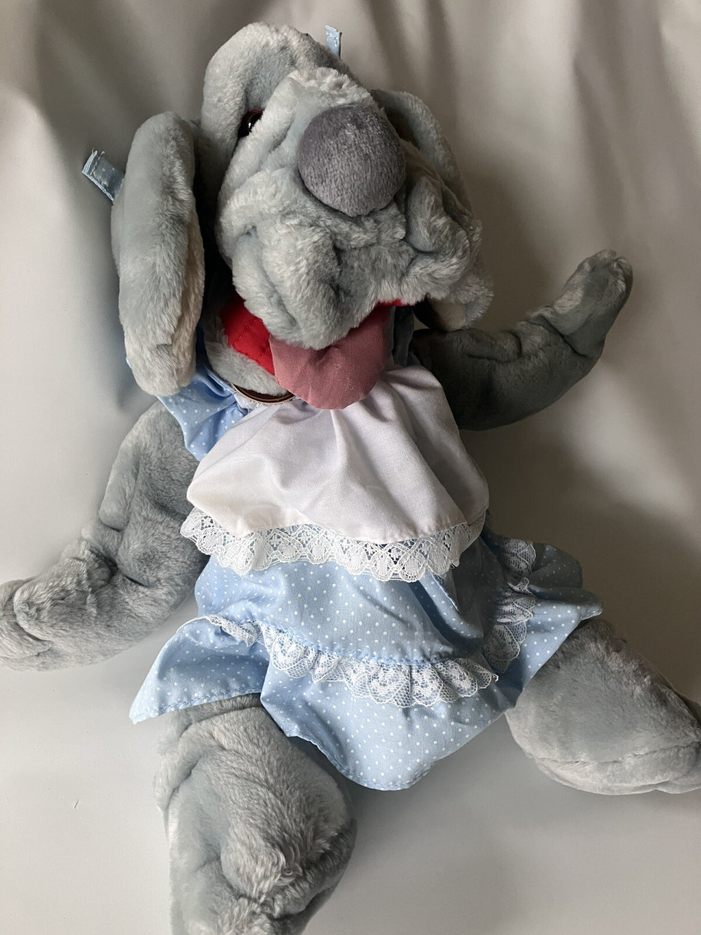 Vintage Ganz Bros Wrinkles The Dog Puppet With Blue Dress EVC