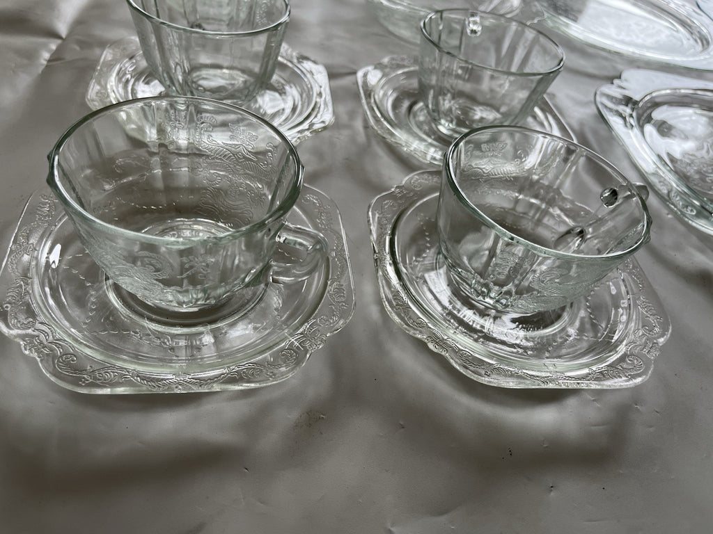 Federal Glass Clear Depression Etched Dinner Plates, Bowls, Cup/saucer 16 Piece