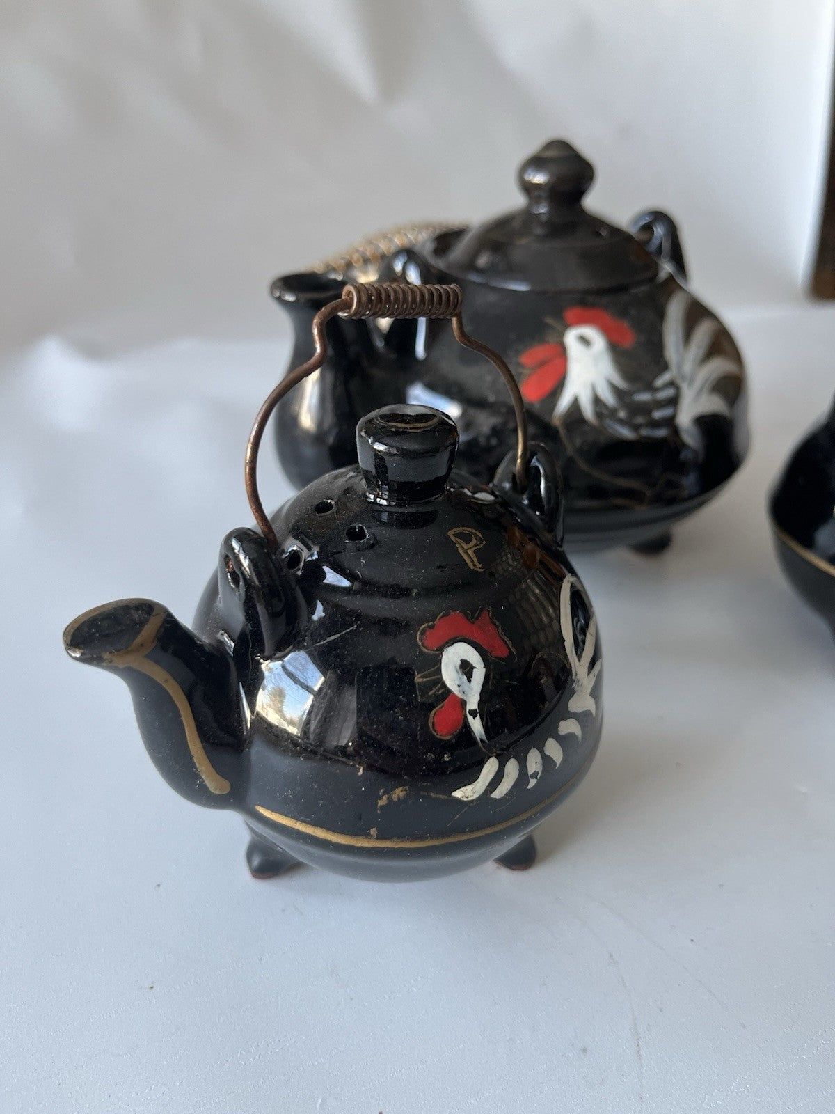 Vintage Japanese Redware Ceramic Rooster Tea Pot, S/P Shakers. Hand painted