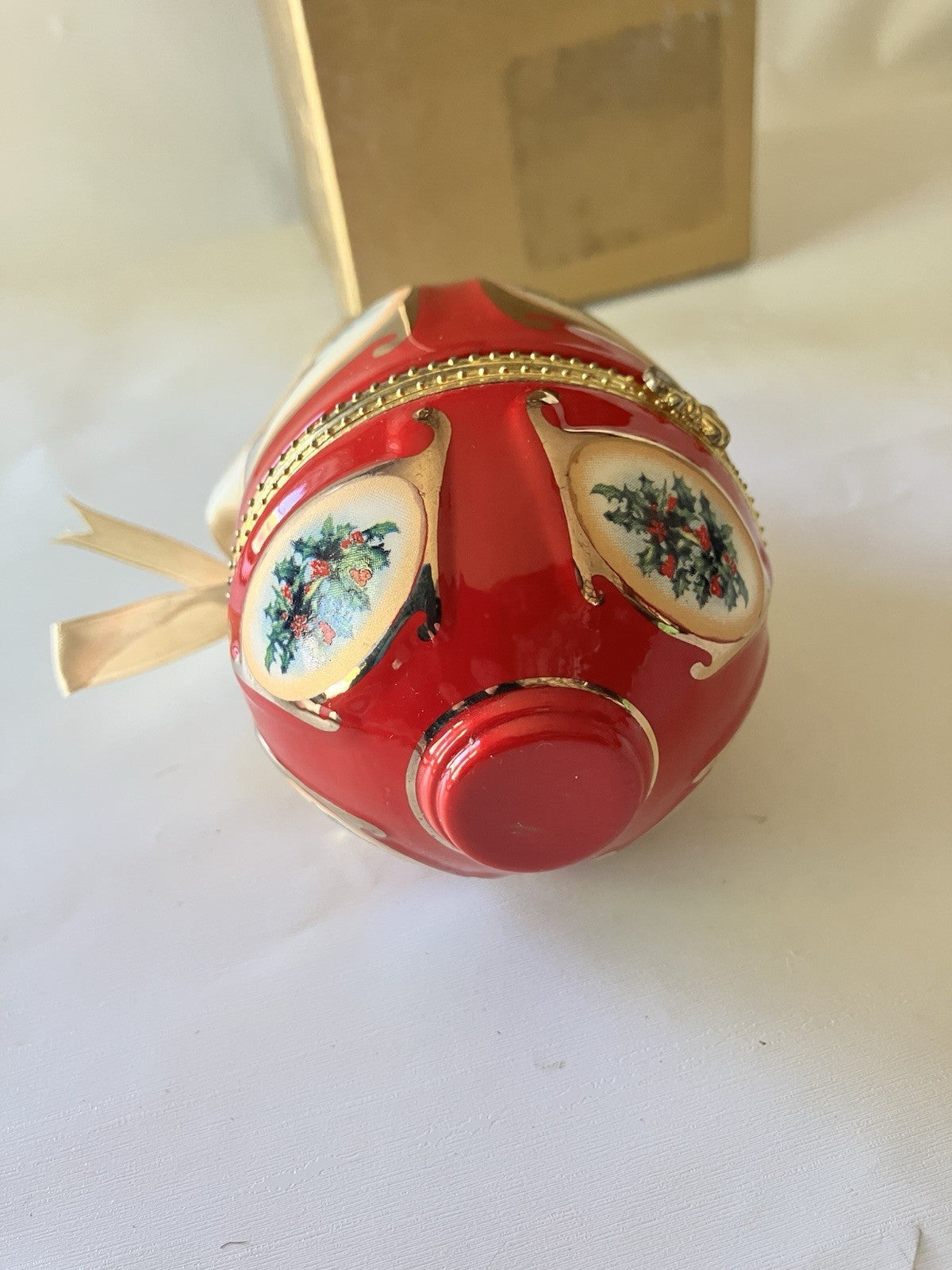 Vintage Christmas Musical Egg Ornament Red With Christmas Design; In Box