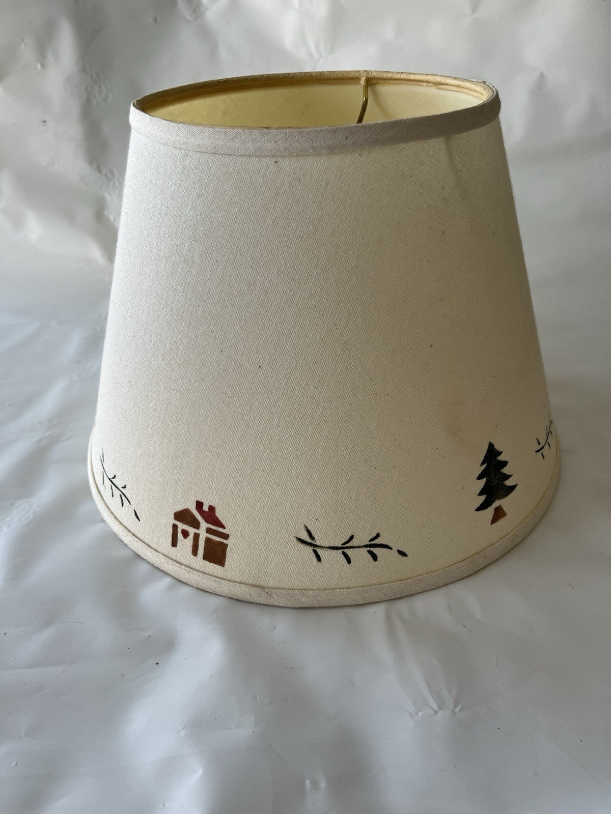 1990’s Primitive White Lamp Shade; 12” Wide Base, 8” Tall, Screw Open Shade