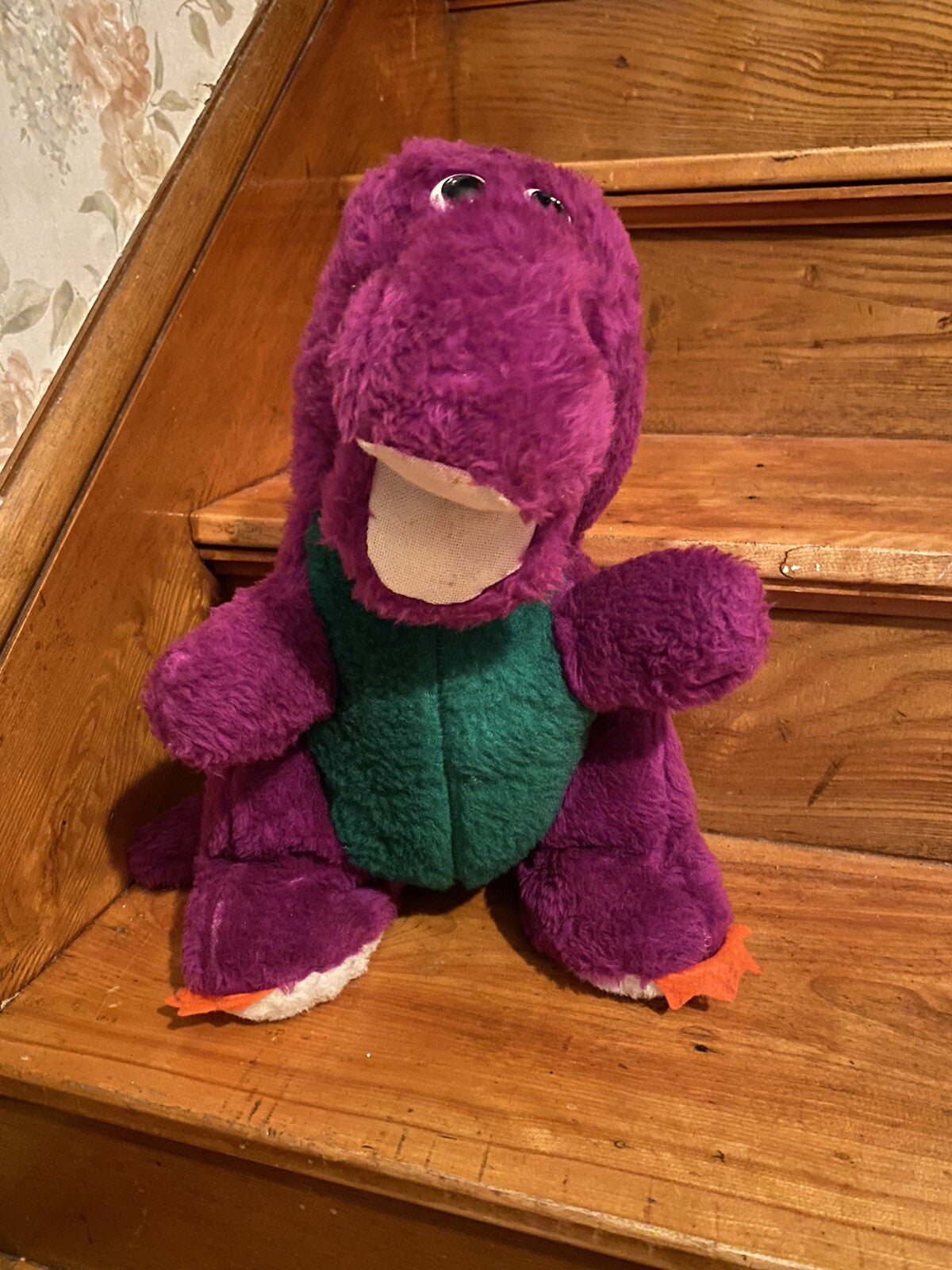 Early Unbranded Barney 15” Plush White Mouth & Soles Orange Toes RARE