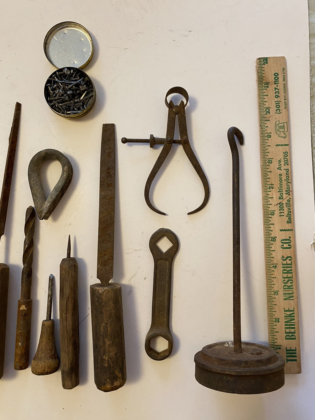 Lot of Vintage Tools Hand Made Handles/File/Knife Sharpener/Drill Bit/Wrench