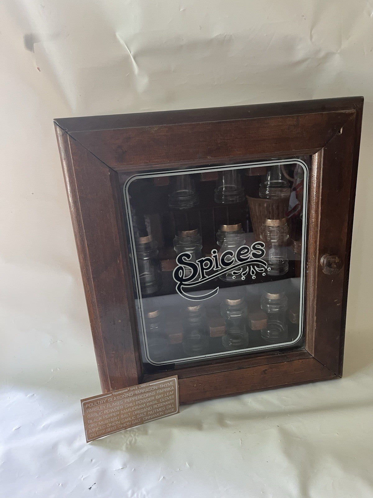 Vintage “Spices” Wooden/ Glass Door 17”x14” 12 Spice Cabinet & 11 Jars/ Stickers
