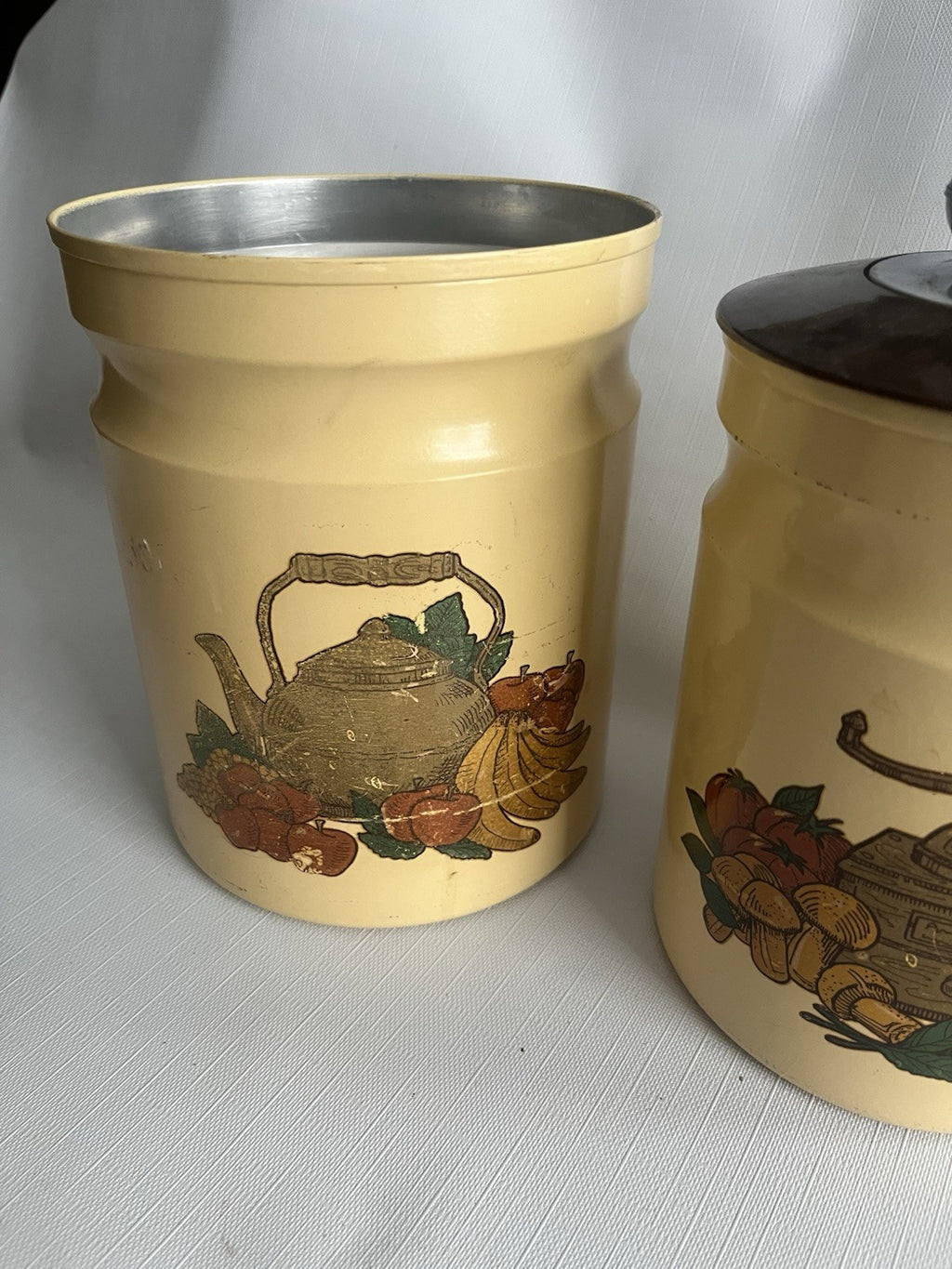Kromex Metal Canister Set 3 Rare Beige/Brown Fruit & Vegetables w/ Plastic Lids
