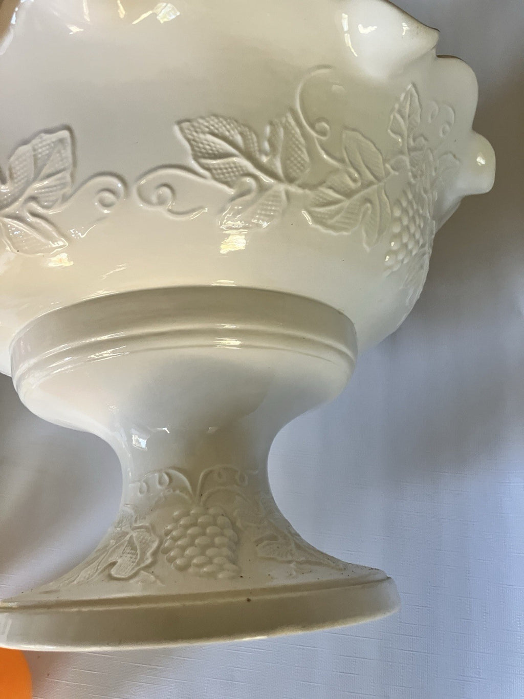 Vintage 1969 White Ceramic Harvest Emodied Pedestal Fruit bowl