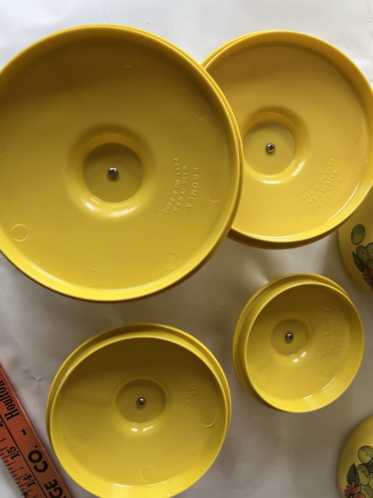 Vintage Kromex Faceted Aluminum 4 Canister Set Yellow Fruit Floral Plastic Lids