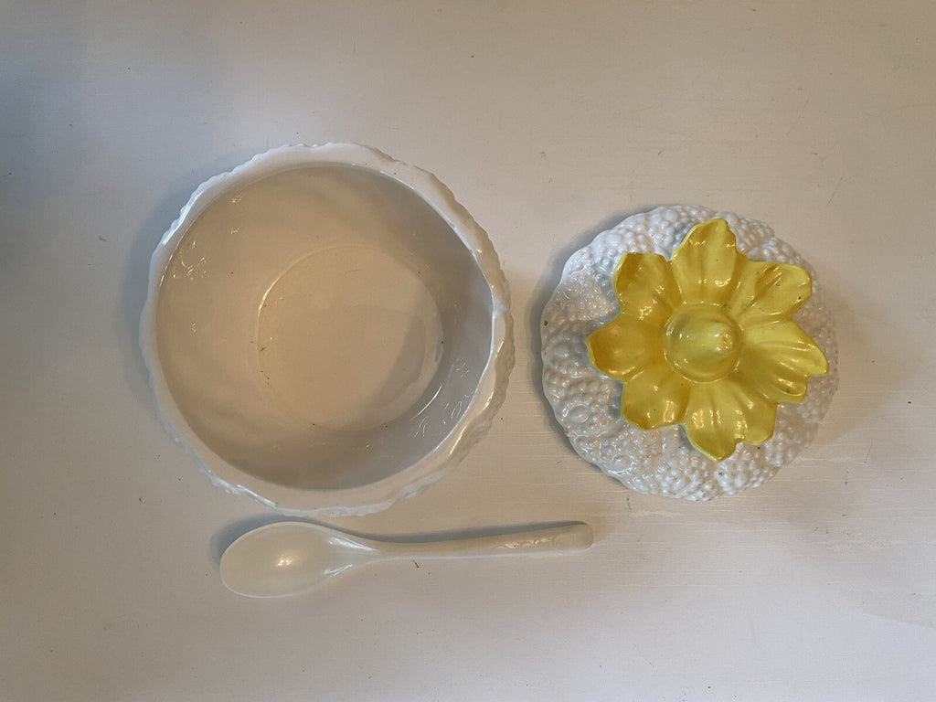 Vintage White & Yellow Jam Jar w/Spoon